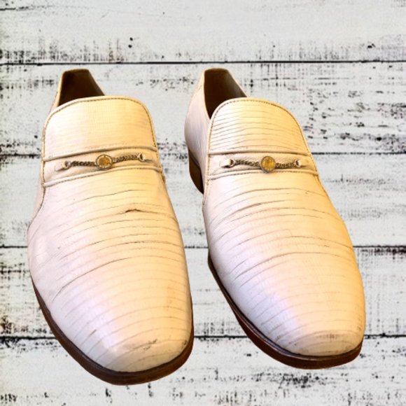 Vintage 80\'s Mens Dress Loafer White Leather Snake Print Queen French 10.5 FLAW